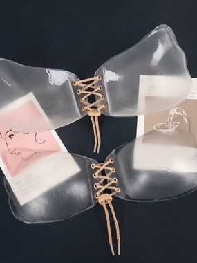Clear Adhesive Lace-Up Strapless Silicone Bra - Nude Lacing